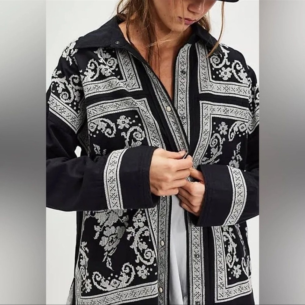 RARE We the Free People Lace Embroidered Denim Shirt XL Black White